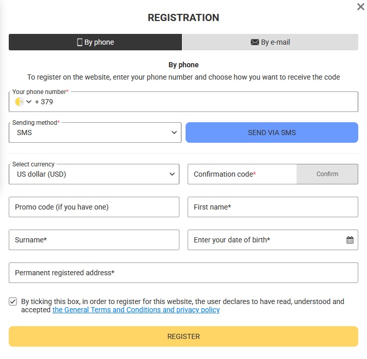 BETANDYOU registration form: one-click, by phone, by e-mail or social networks